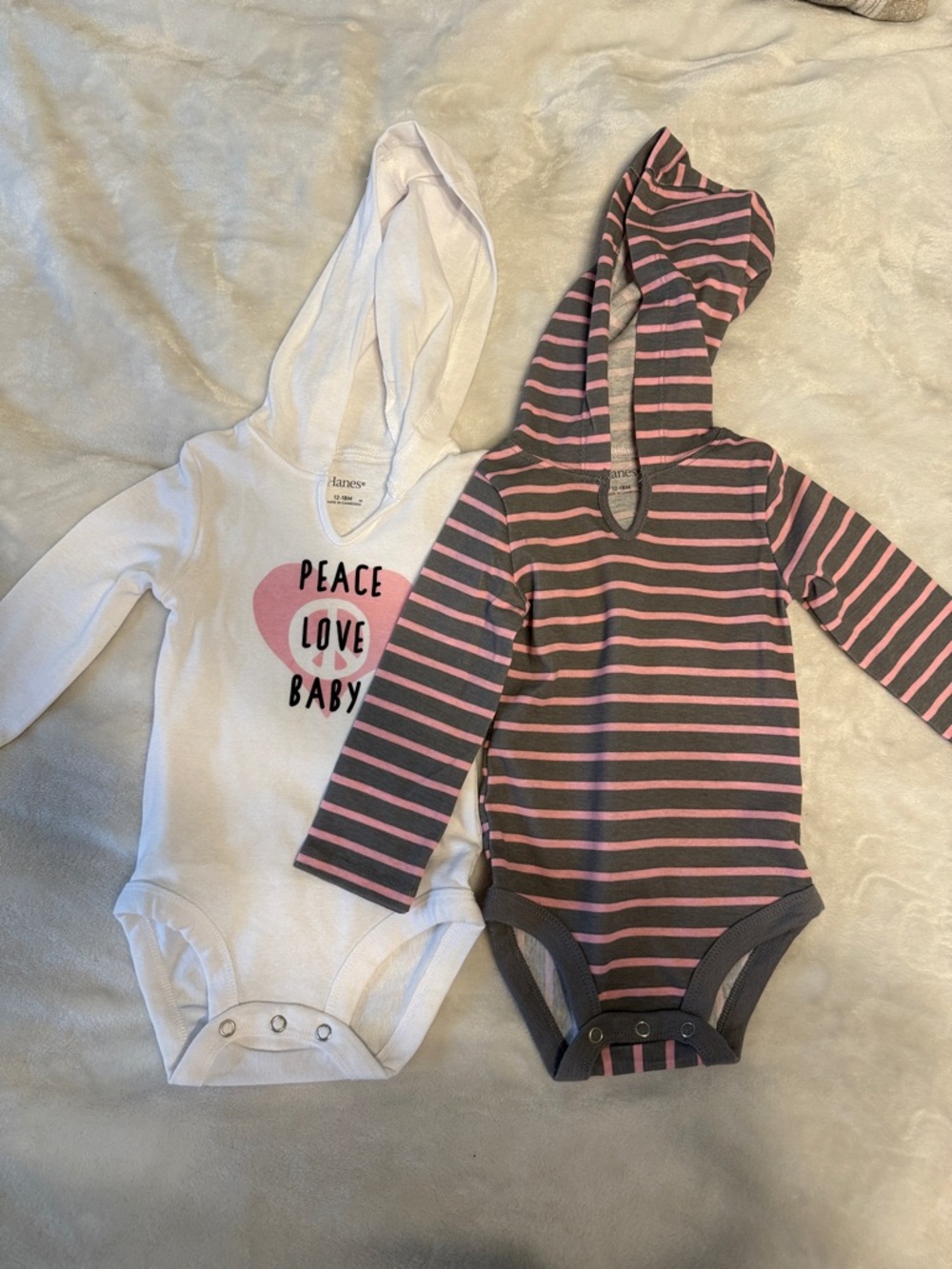 Hanes White Hooded Bodysuit & Gray with Pink Striped Hooded One-Piece